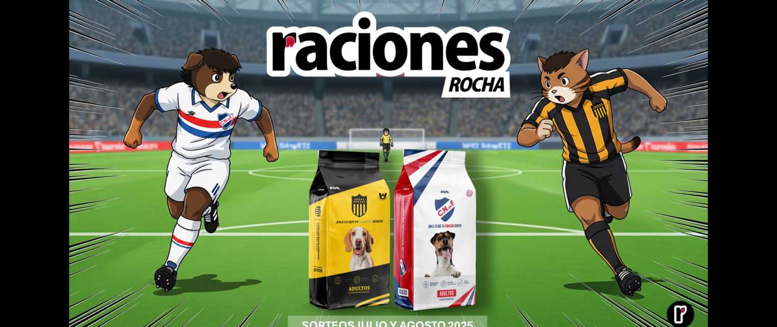 Ilustración de un perro futbolista con la camiseta de Nacional y un gato futbolista con la de Peñarol en un estadio. En el centro, dos bolsas de alimento para mascotas de ambos equipos. Arriba, el logo de Raciones Rocha y abajo un cartel que anuncia 'Sorteos Julio y Agosto 2025'.